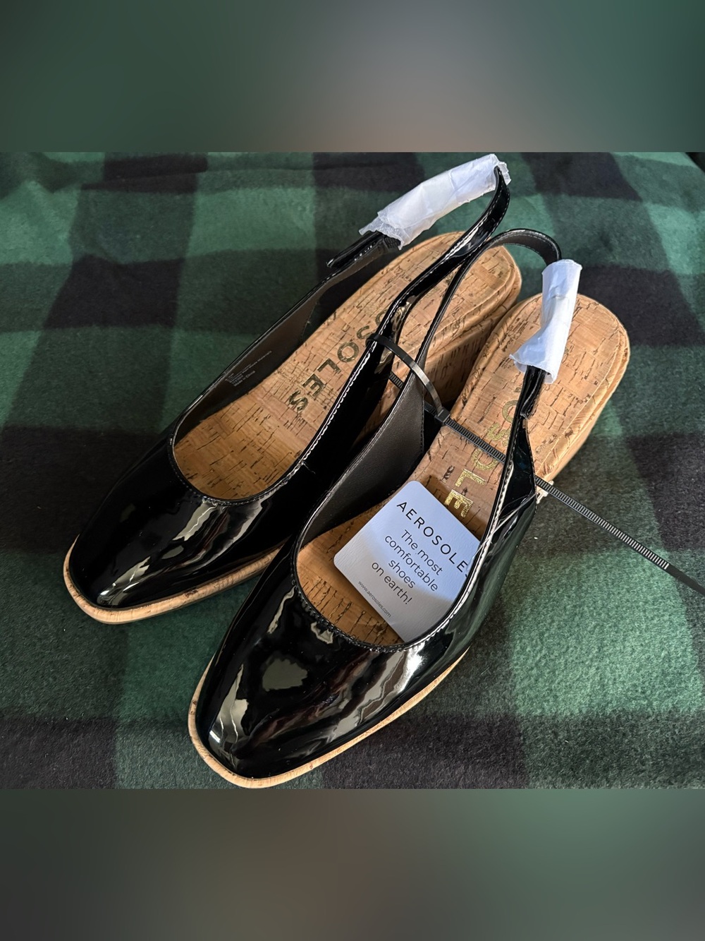 AEROSOLES Black Patent Slingback Clogs with Cork Footbed